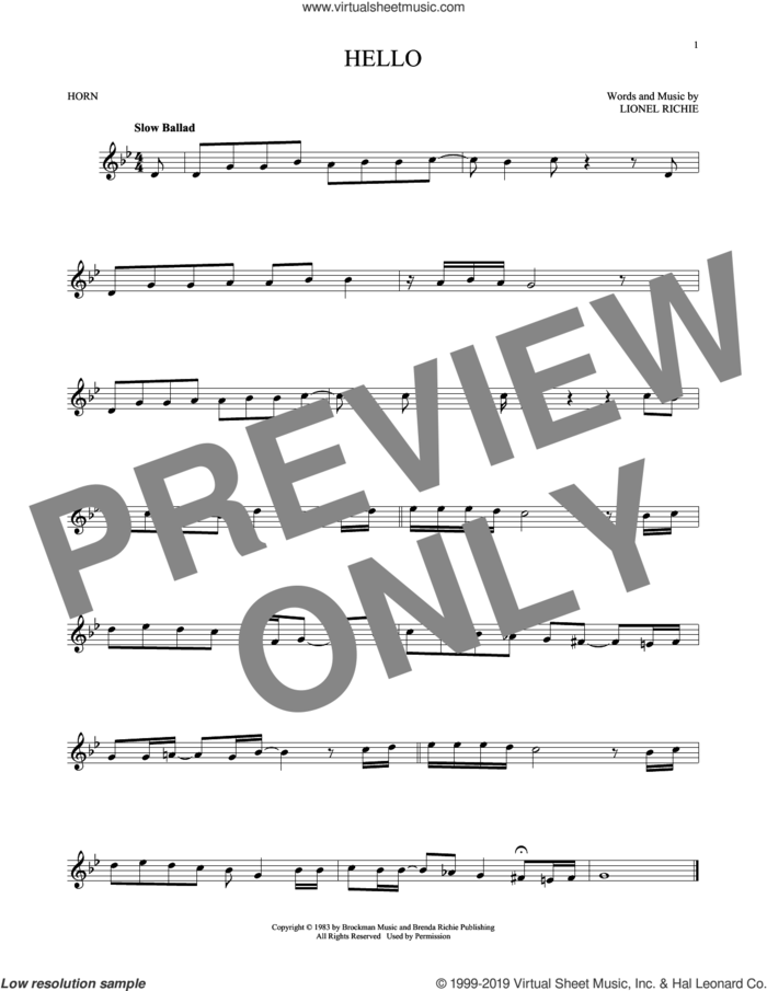 Hello sheet music for horn solo by Lionel Richie and David Cook, intermediate skill level