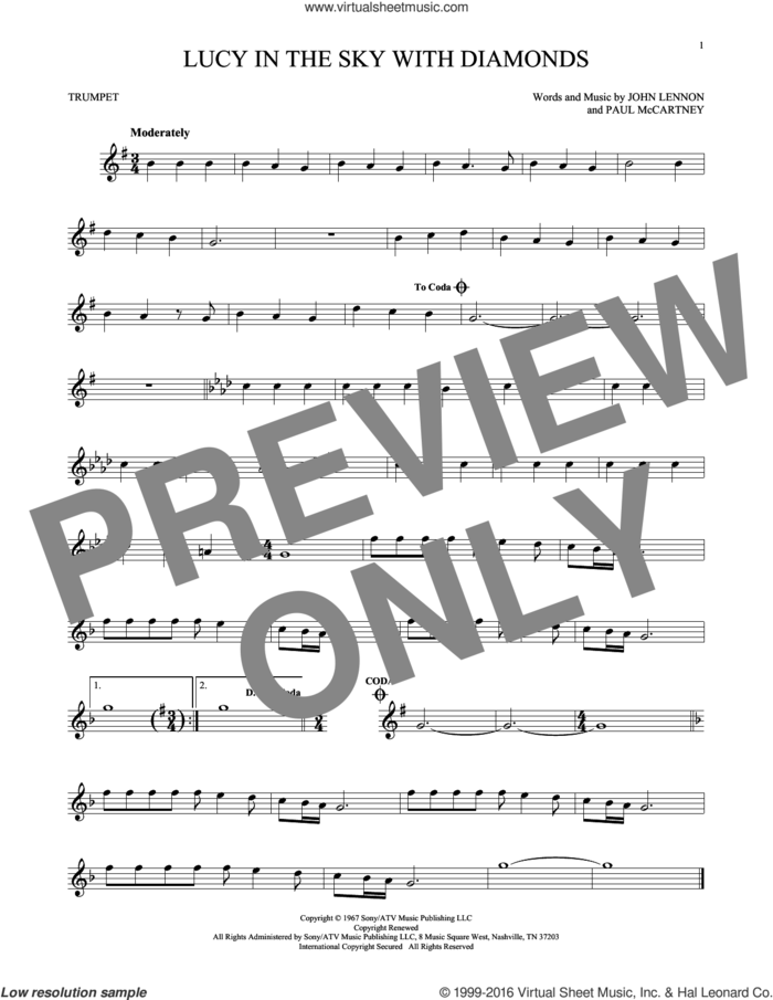 Lucy In The Sky With Diamonds sheet music for trumpet solo by The Beatles, Elton John, John Lennon and Paul McCartney, intermediate skill level