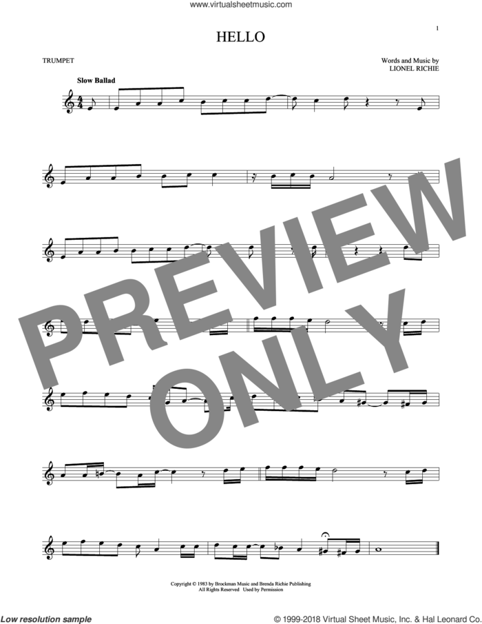 Hello sheet music for trumpet solo by Lionel Richie and David Cook, intermediate skill level
