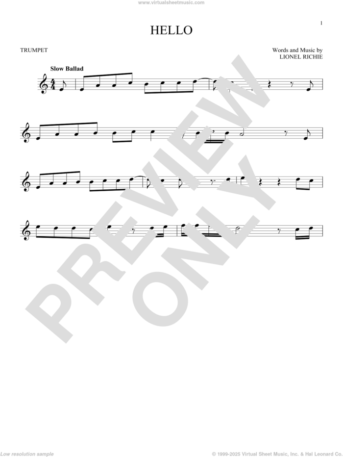 Hello sheet music for trumpet solo by Lionel Richie and David Cook, intermediate skill level