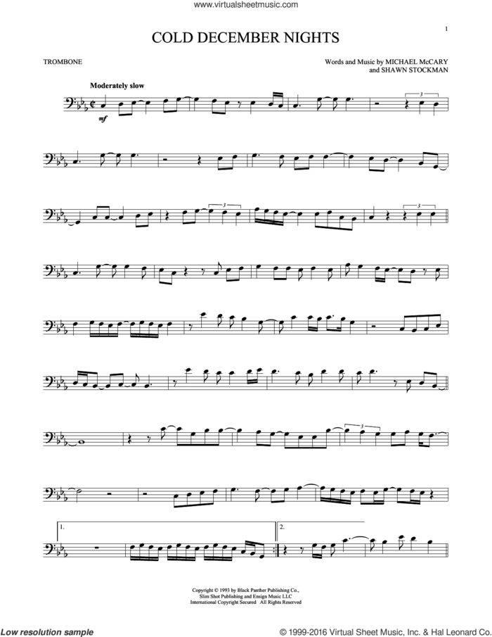 Cold December Nights sheet music for trombone solo by Boyz II Men, Michael Buble, Michael McCary and Shawn Stockman, intermediate skill level