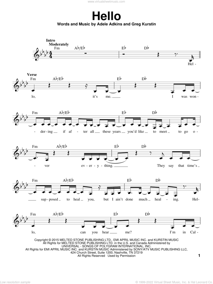 Hello sheet music for voice solo by Adele, Adele Adkins and Greg Kurstin, intermediate skill level