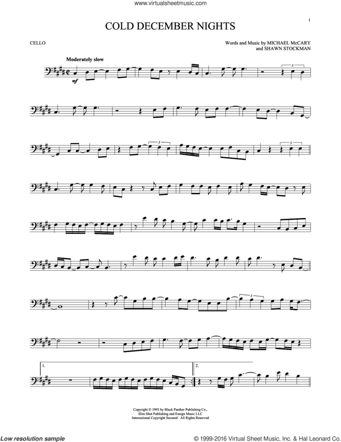 Cold December Nights sheet music for cello solo by Boyz II Men, Michael Buble, Michael McCary and Shawn Stockman, intermediate skill level
