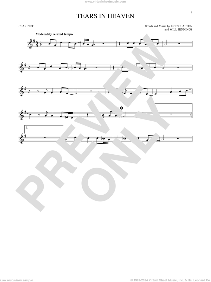 Tears In Heaven sheet music for clarinet solo by Eric Clapton and Will Jennings, intermediate skill level