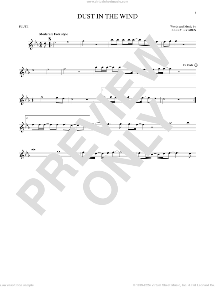 Dust In The Wind sheet music for flute solo by Kansas and Kerry Livgren, intermediate skill level