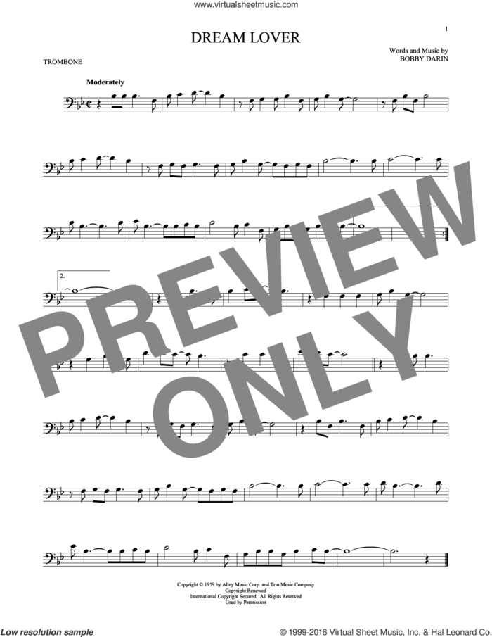 Dream Lover sheet music for trombone solo by Bobby Darin and Manhattan Transfer, intermediate skill level