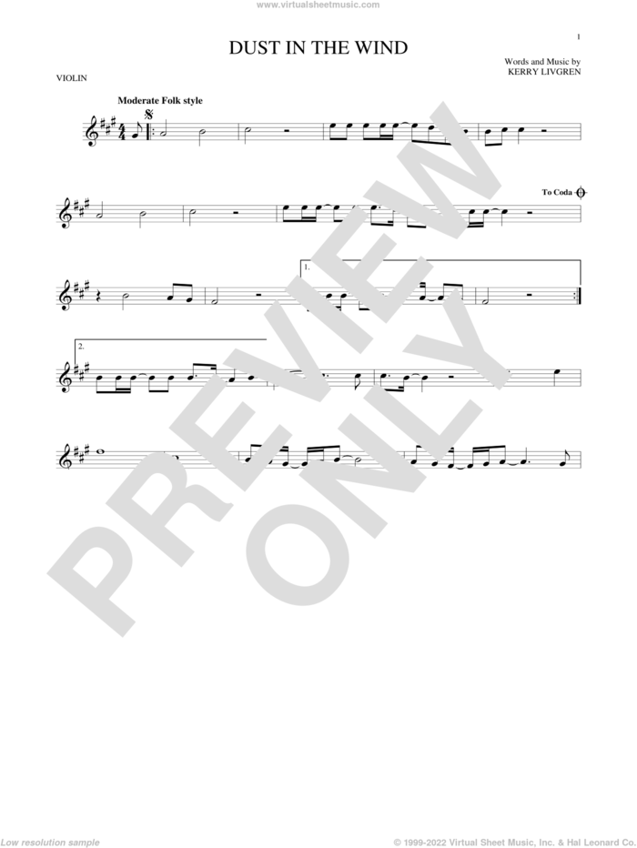 Dust In The Wind sheet music for violin solo by Kansas and Kerry Livgren, intermediate skill level