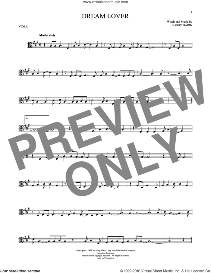 Dream Lover sheet music for viola solo by Bobby Darin and Manhattan Transfer, intermediate skill level