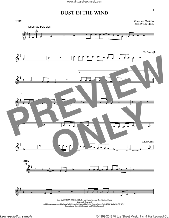 Dust In The Wind sheet music for horn solo by Kansas and Kerry Livgren, intermediate skill level