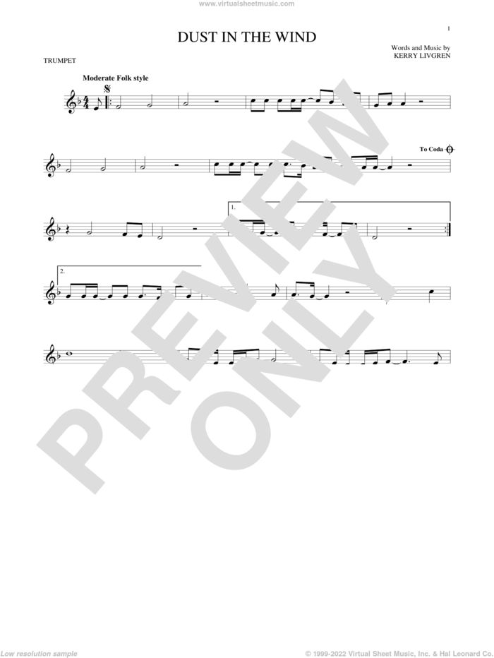 Dust In The Wind sheet music for trumpet solo by Kansas and Kerry Livgren, intermediate skill level