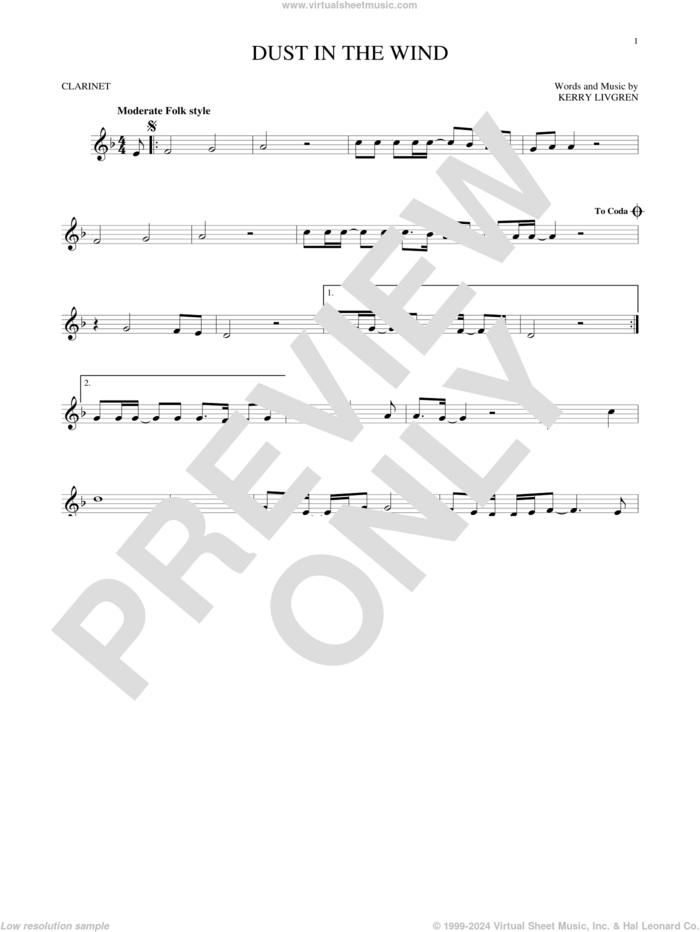 Dust In The Wind sheet music for clarinet solo by Kansas and Kerry Livgren, intermediate skill level