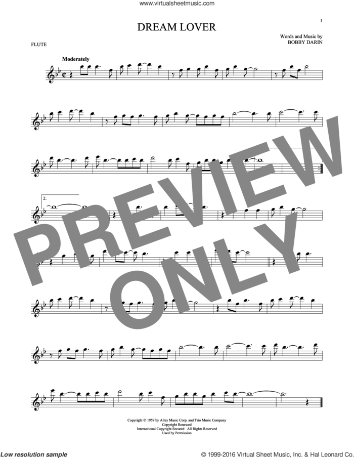 Dream Lover sheet music for flute solo by Bobby Darin and Manhattan Transfer, intermediate skill level