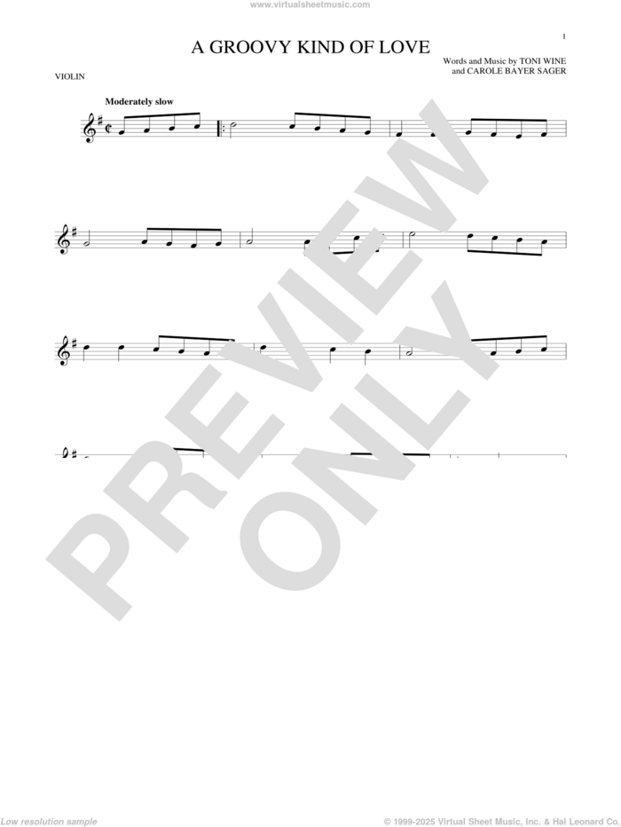 A Groovy Kind Of Love sheet music for violin solo by Phil Collins, Carole Bayer Sager, The Mindbenders and Toni Wine, intermediate skill level