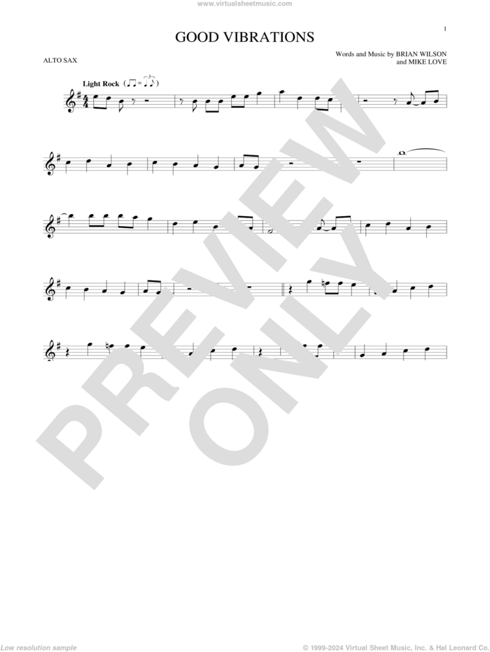 Good Vibrations sheet music for alto saxophone solo by The Beach Boys, Brian Wilson and Mike Love, intermediate skill level