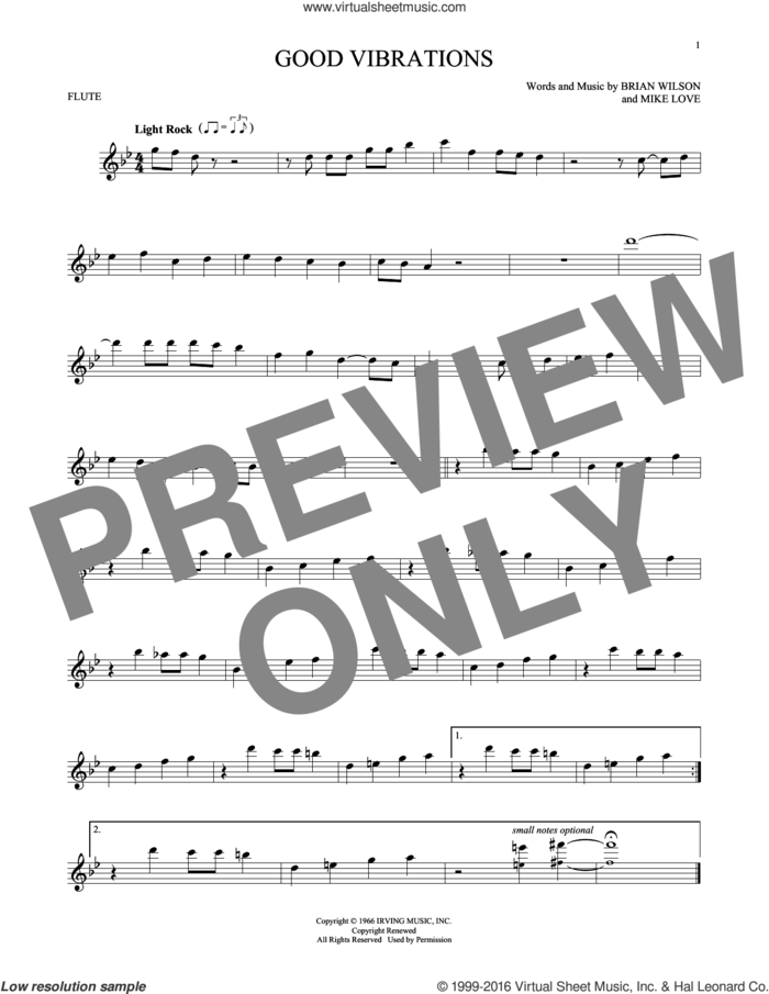 Good Vibrations sheet music for flute solo by The Beach Boys, Brian Wilson and Mike Love, intermediate skill level