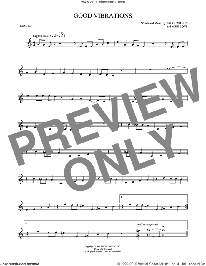 Good Vibrations sheet music for trumpet solo by The Beach Boys, Brian Wilson and Mike Love, intermediate skill level