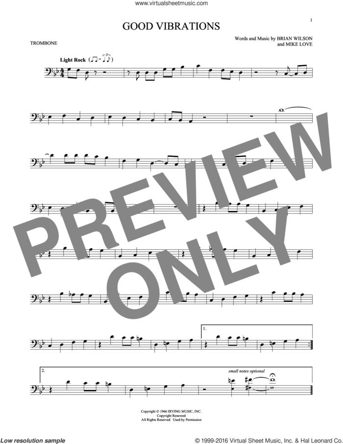 Good Vibrations sheet music for trombone solo by The Beach Boys, Brian Wilson and Mike Love, intermediate skill level
