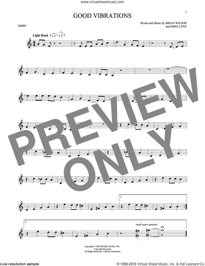 Good Vibrations sheet music for horn solo by The Beach Boys, Brian Wilson and Mike Love, intermediate skill level