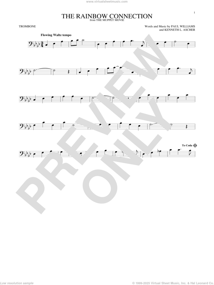 The Rainbow Connection sheet music for trombone solo by Paul Williams and Kenneth L. Ascher, intermediate skill level