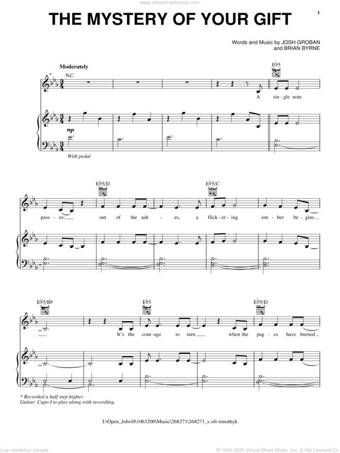 The Mystery Of Your Gift sheet music for voice, piano or guitar by Josh Groban and Brian Bryne, intermediate skill level