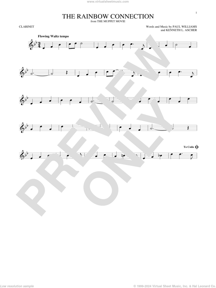 The Rainbow Connection sheet music for clarinet solo by Paul Williams and Kenneth L. Ascher, intermediate skill level