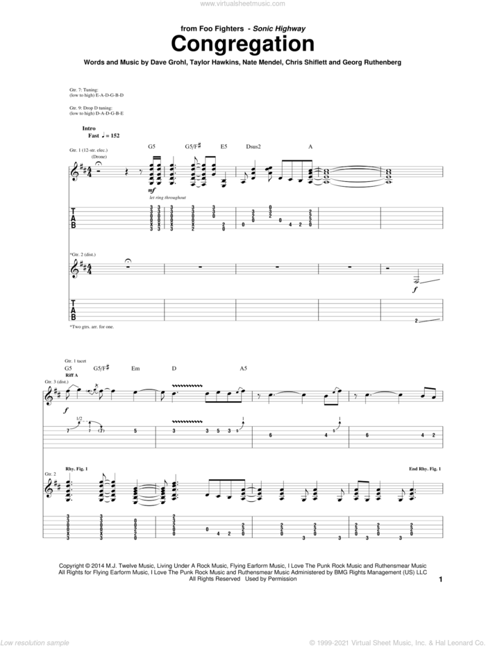Congregation sheet music for guitar (tablature) by Foo Fighters, Chris Shiflett, Dave Grohl, Georg Ruthenberg, Nate Mendel and Taylor Hawkins, intermediate skill level