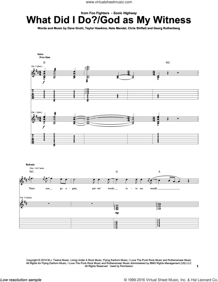 What Did I Do?/God As My Witness sheet music for guitar (tablature) by Foo Fighters, Chris Shiflett, Dave Grohl, Georg Ruthenberg, Nate Mendel and Taylor Hawkins, intermediate skill level