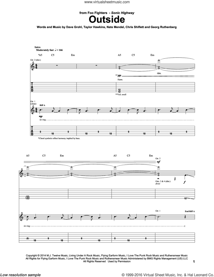 Outside sheet music for guitar (tablature) by Foo Fighters, Chris Shiflett, Dave Grohl, Georg Ruthenberg, Nate Mendel and Taylor Hawkins, intermediate skill level