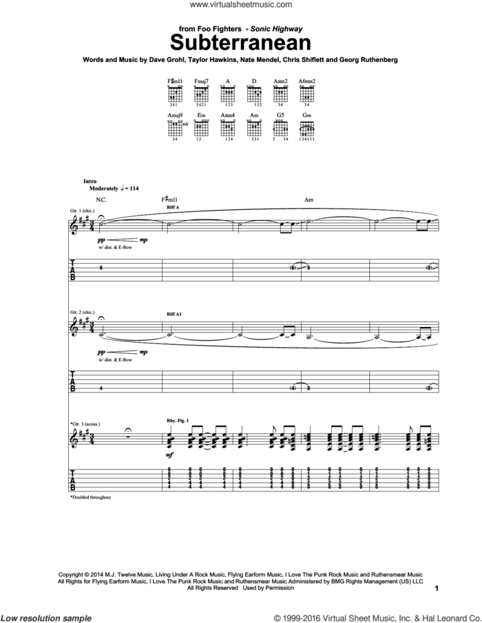 Subterranean sheet music for guitar (tablature) by Foo Fighters, Chris Shiflett, Dave Grohl, Georg Ruthenberg, Nate Mendel and Taylor Hawkins, intermediate skill level