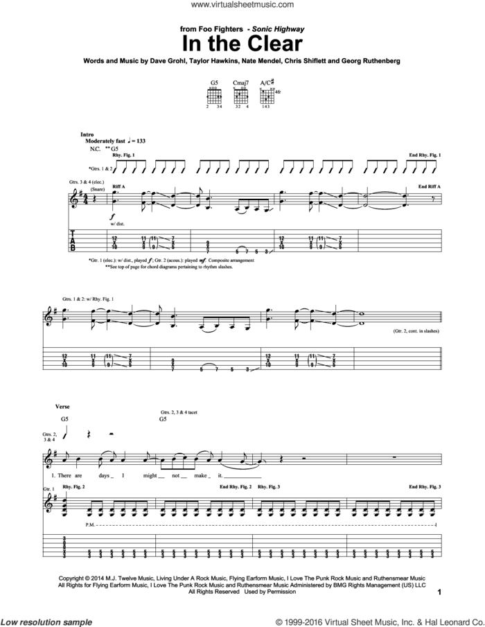 In The Clear sheet music for guitar (tablature) by Foo Fighters, Chris Shiflett, Dave Grohl, Georg Ruthenberg, Nate Mendel and Taylor Hawkins, intermediate skill level