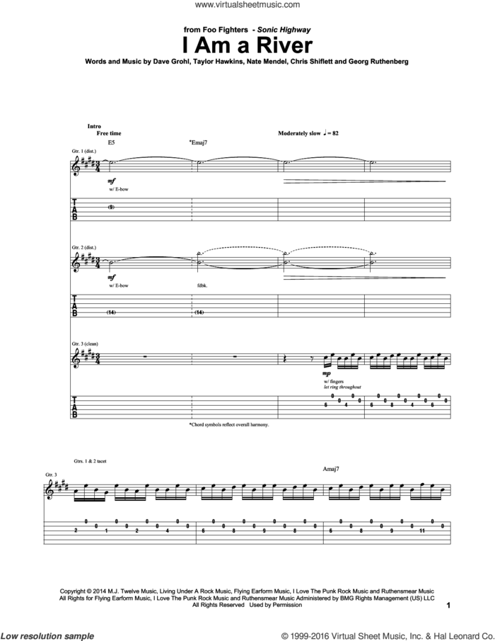 I Am A River sheet music for guitar (tablature) by Foo Fighters, Chris Shiflett, Dave Grohl, Georg Ruthenberg, Nate Mendel and Taylor Hawkins, intermediate skill level