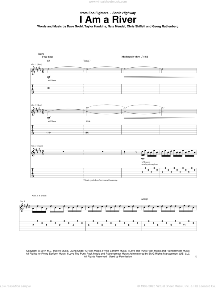 I Am A River sheet music for guitar (tablature) by Foo Fighters, Chris Shiflett, Dave Grohl, Georg Ruthenberg, Nate Mendel and Taylor Hawkins, intermediate skill level