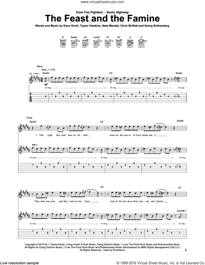The Feast And The Famine sheet music for guitar (tablature) by Foo Fighters, Chris Shiflett, Dave Grohl, Georg Ruthenberg, Nate Mendel and Taylor Hawkins, intermediate skill level