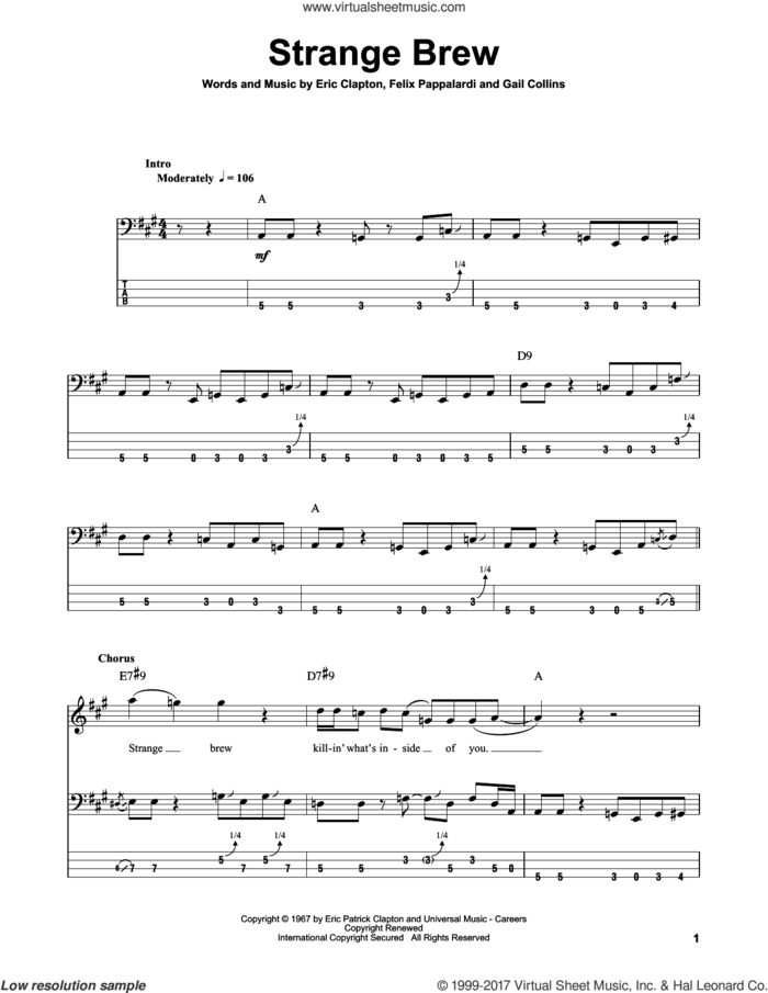 Strange Brew sheet music for bass (tablature) (bass guitar) by Cream, Eric Clapton, Felix Pappalardi and Gail Collins, intermediate skill level