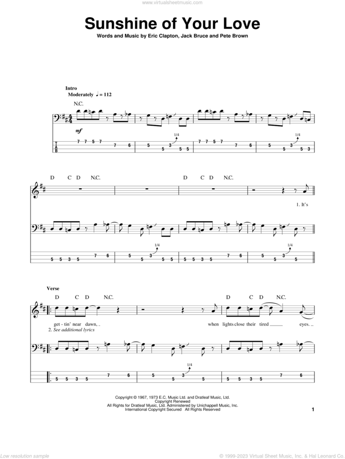 Sunshine Of Your Love sheet music for bass (tablature) (bass guitar) by Cream, Eric Clapton, Jack Bruce and Pete Brown, intermediate skill level