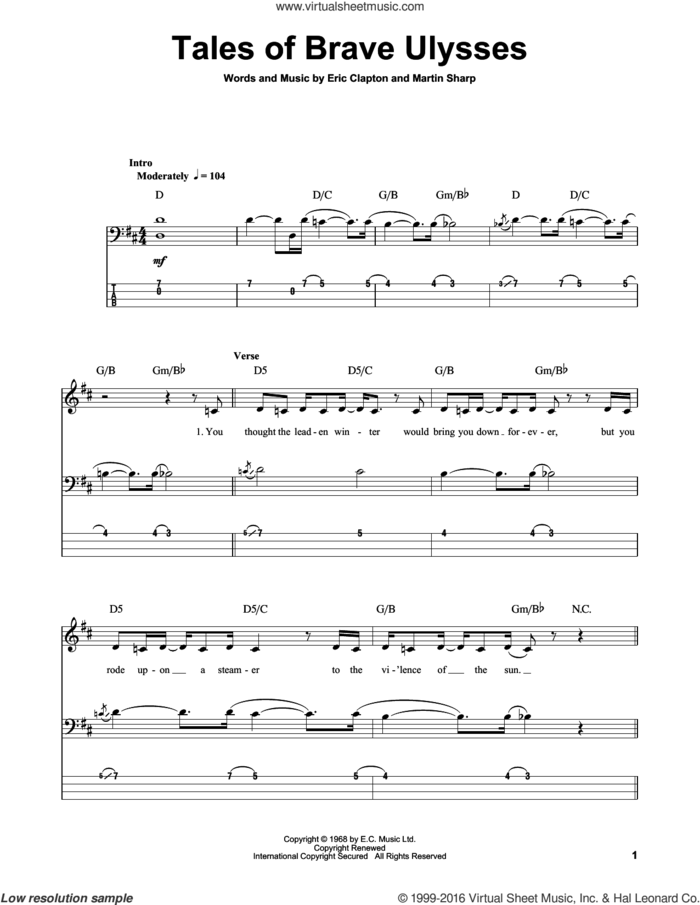 Tales Of Brave Ulysses sheet music for bass (tablature) (bass guitar) by Eric Clapton, Cream and Martin Sharp, intermediate skill level