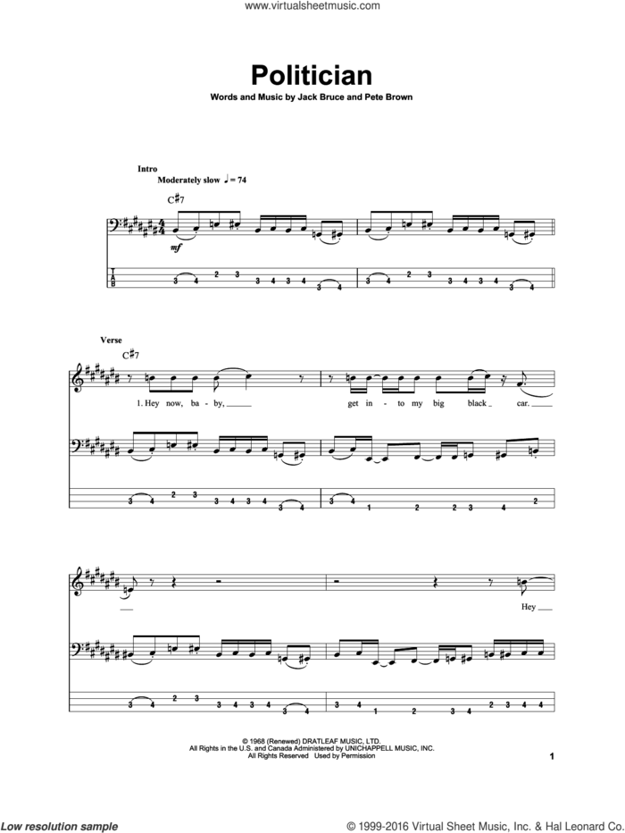 Politician sheet music for bass (tablature) (bass guitar) by Cream, Jack Bruce and Pete Brown, intermediate skill level