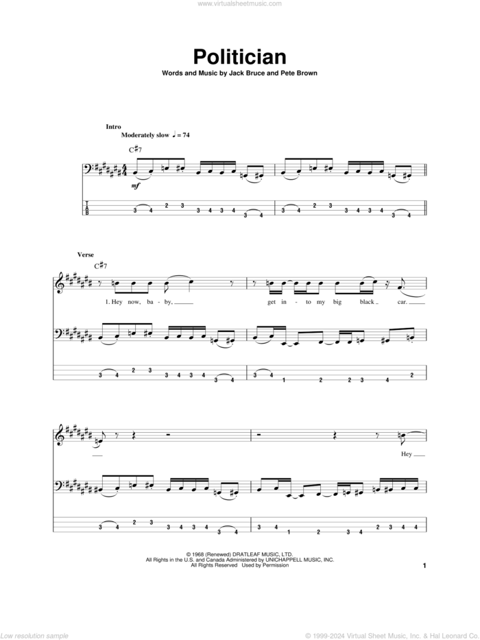 Politician sheet music for bass (tablature) (bass guitar) by Cream, Jack Bruce and Pete Brown, intermediate skill level