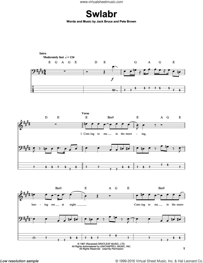 Swlabr sheet music for bass (tablature) (bass guitar) by Cream, Jack Bruce and Pete Brown, intermediate skill level