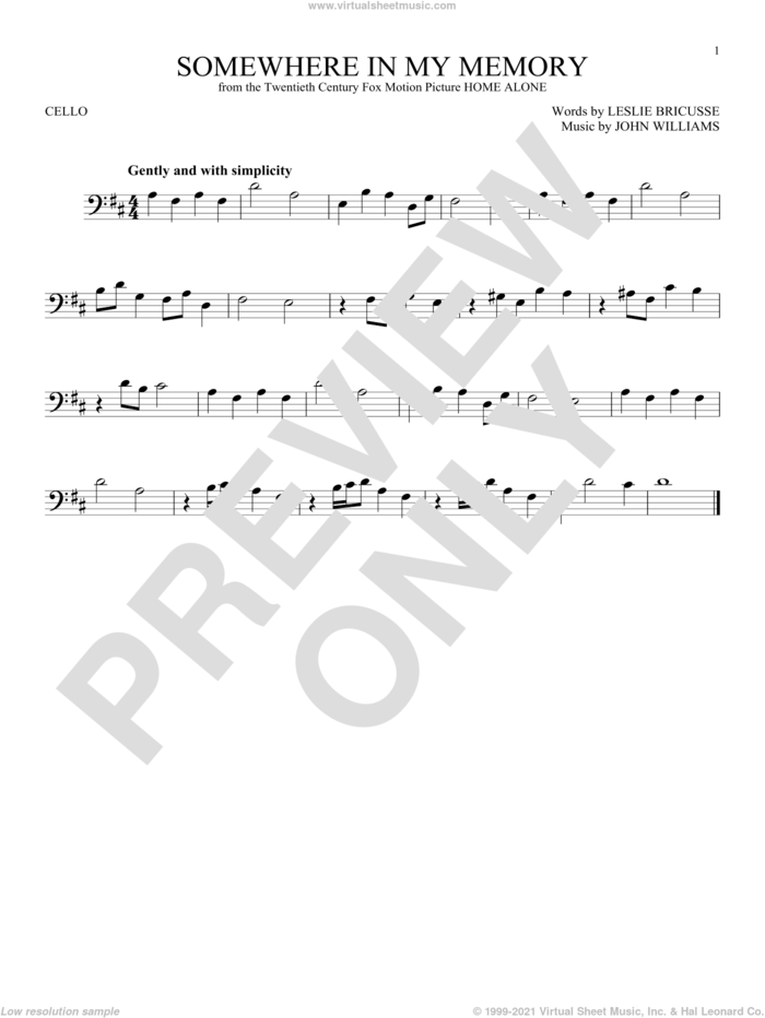 Somewhere In My Memory sheet music for cello solo by John Williams and Leslie Bricusse, intermediate skill level