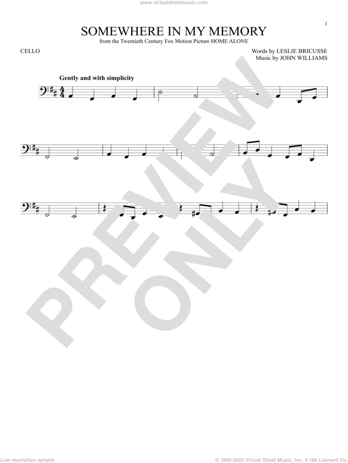 Somewhere In My Memory sheet music for cello solo by John Williams and Leslie Bricusse, intermediate skill level