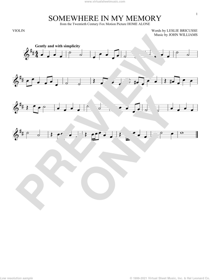 Somewhere In My Memory sheet music for violin solo by John Williams and Leslie Bricusse, intermediate skill level