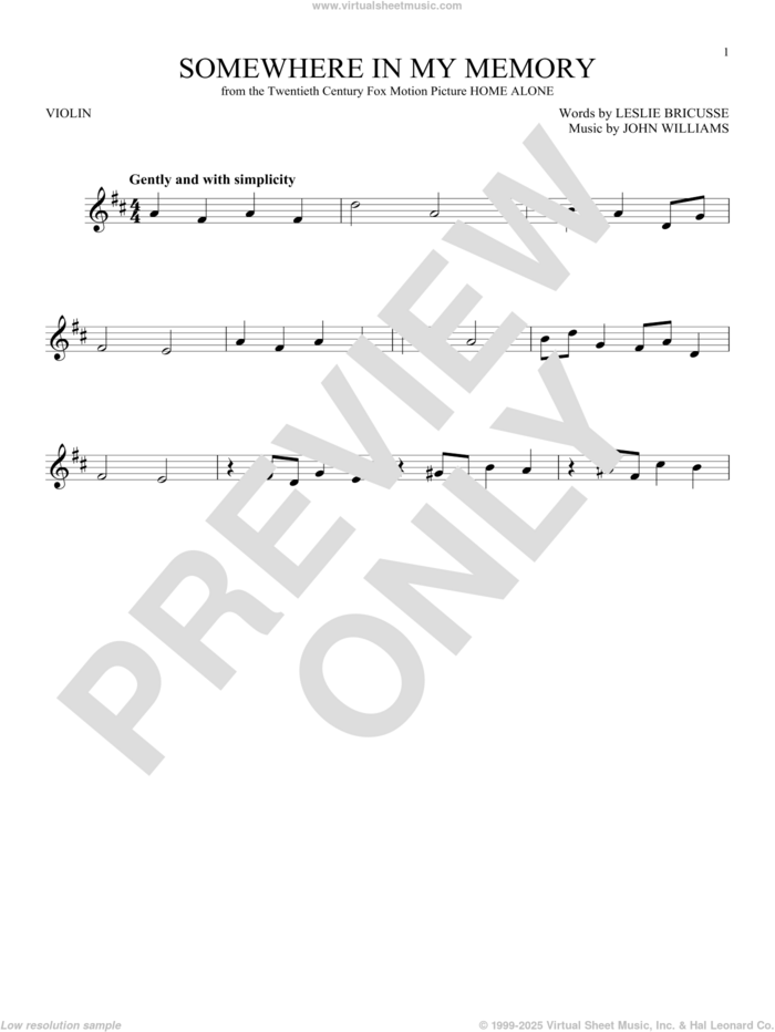 Somewhere In My Memory sheet music for violin solo by John Williams and Leslie Bricusse, intermediate skill level