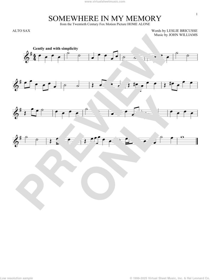 Somewhere In My Memory sheet music for alto saxophone solo by John Williams and Leslie Bricusse, intermediate skill level