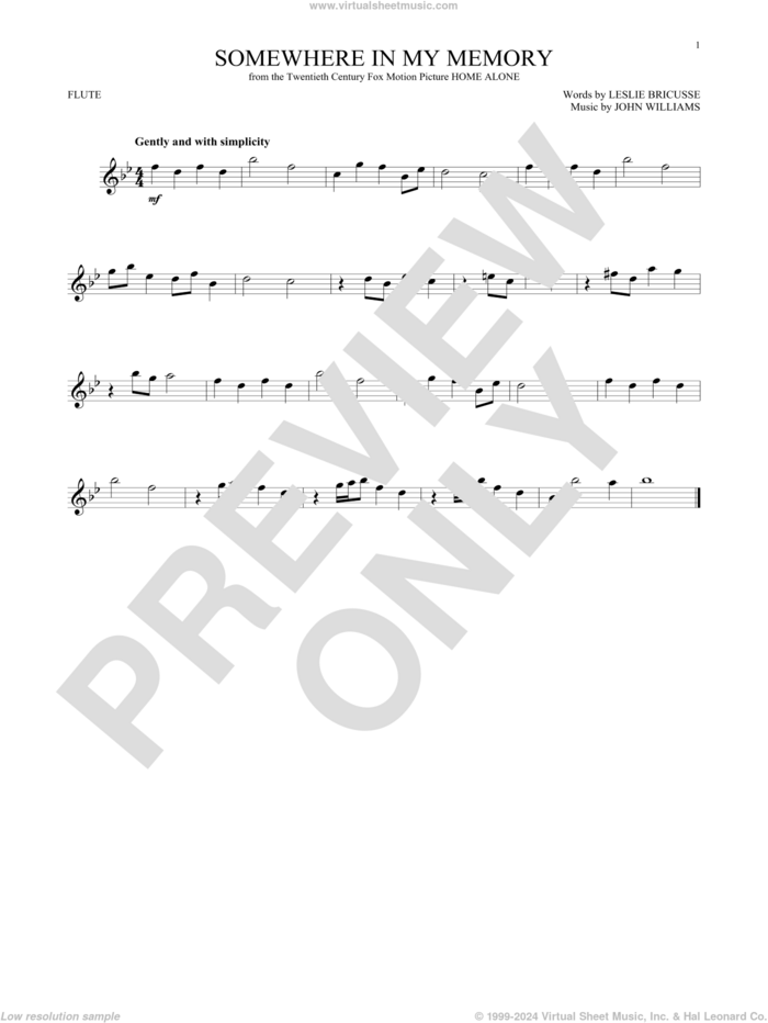 Somewhere In My Memory sheet music for flute solo by John Williams and Leslie Bricusse, intermediate skill level