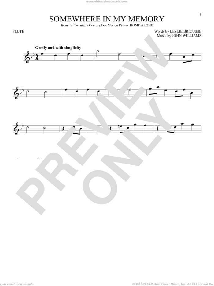 Somewhere In My Memory sheet music for flute solo by John Williams and Leslie Bricusse, intermediate skill level