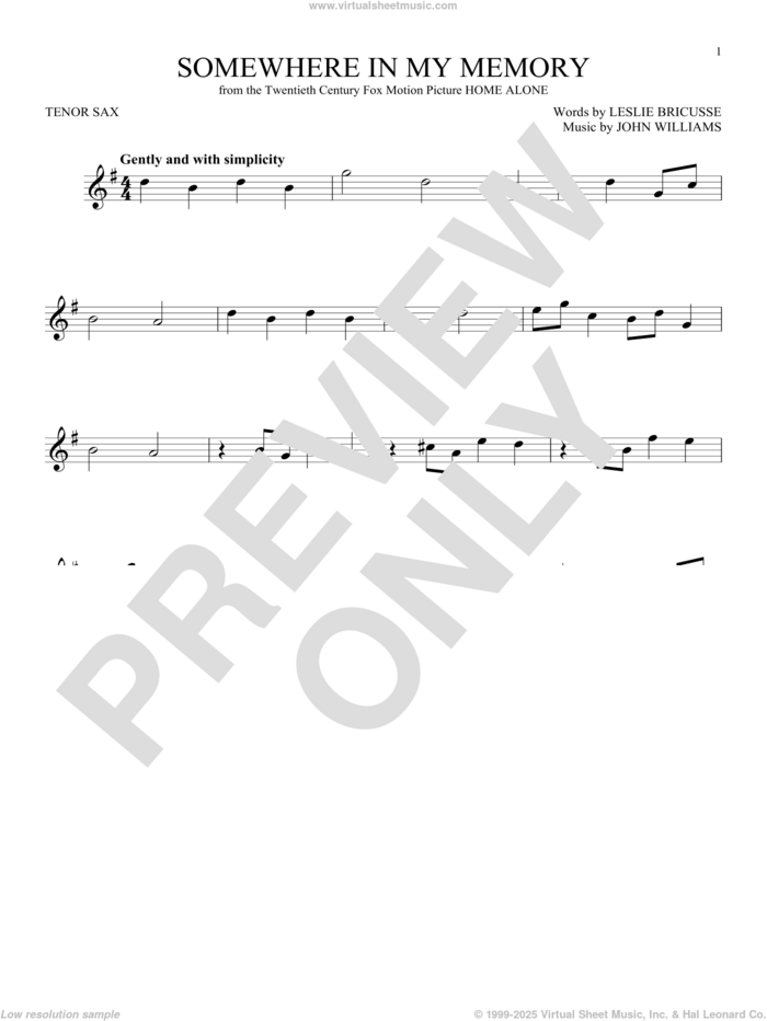 Somewhere In My Memory sheet music for tenor saxophone solo by John Williams and Leslie Bricusse, intermediate skill level