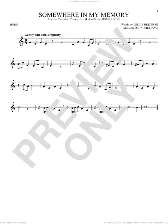 Somewhere In My Memory sheet music for horn solo by John Williams and Leslie Bricusse, intermediate skill level