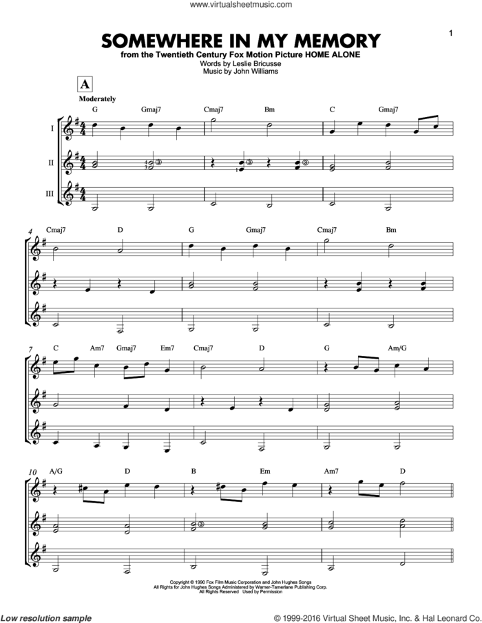 Somewhere In My Memory sheet music for guitar ensemble by John Williams and Leslie Bricusse, intermediate skill level