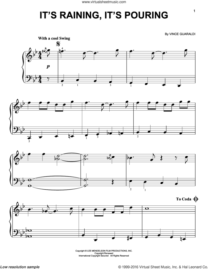It's Raining, It's Pouring sheet music for piano solo by Vince Guaraldi, easy skill level